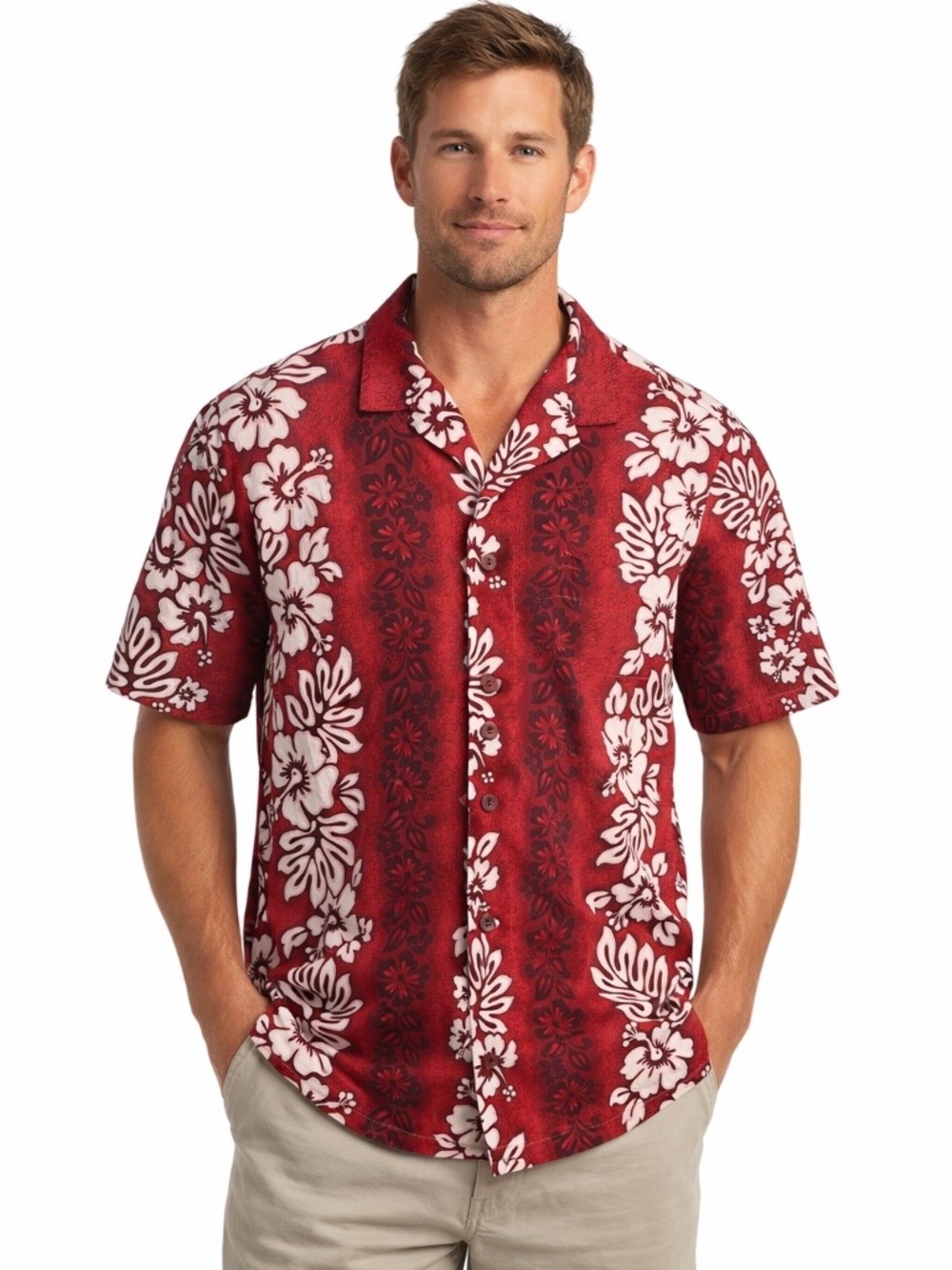 Royal Creations Red Floral Hawaiian Button-Up Shirt Cotton Size Large